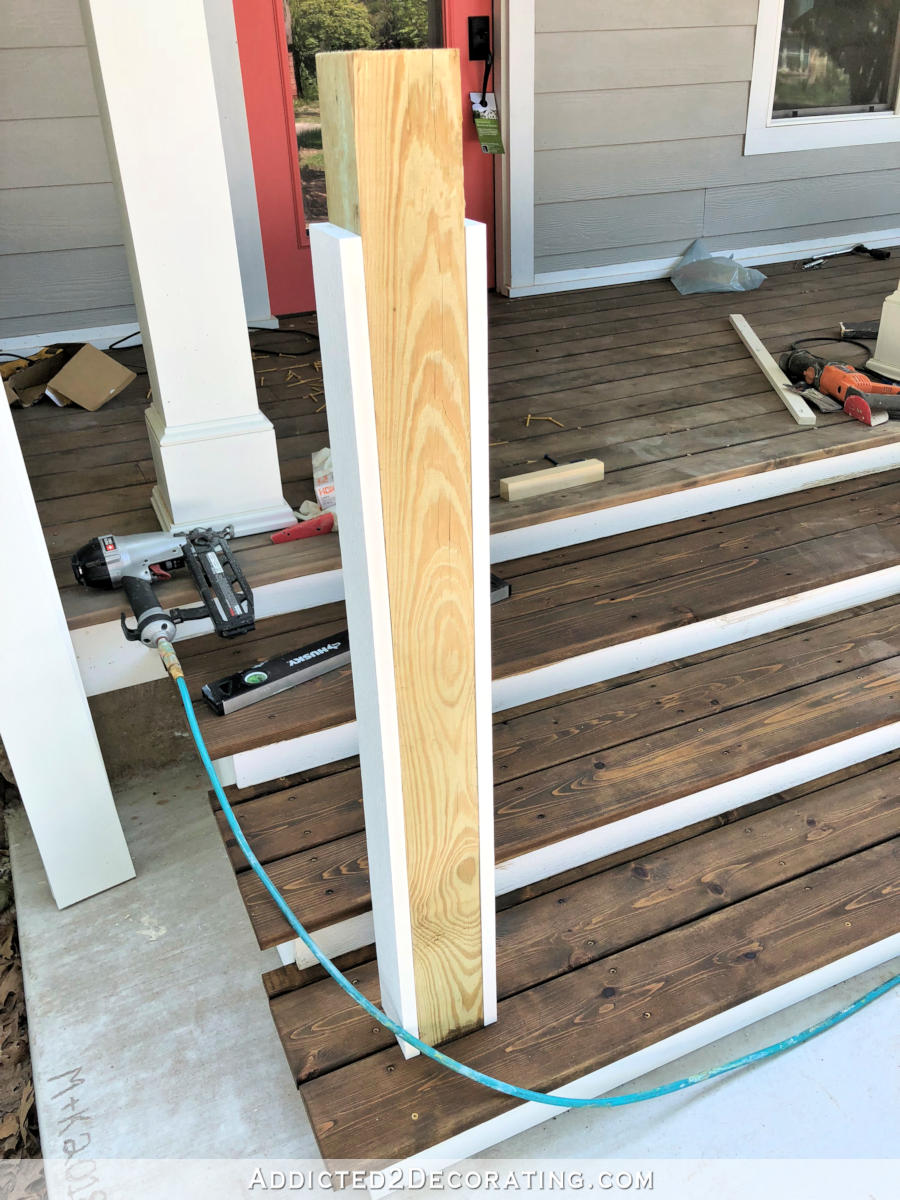 Covering the handrail post left and right sides with PVC boards ripped to post width.