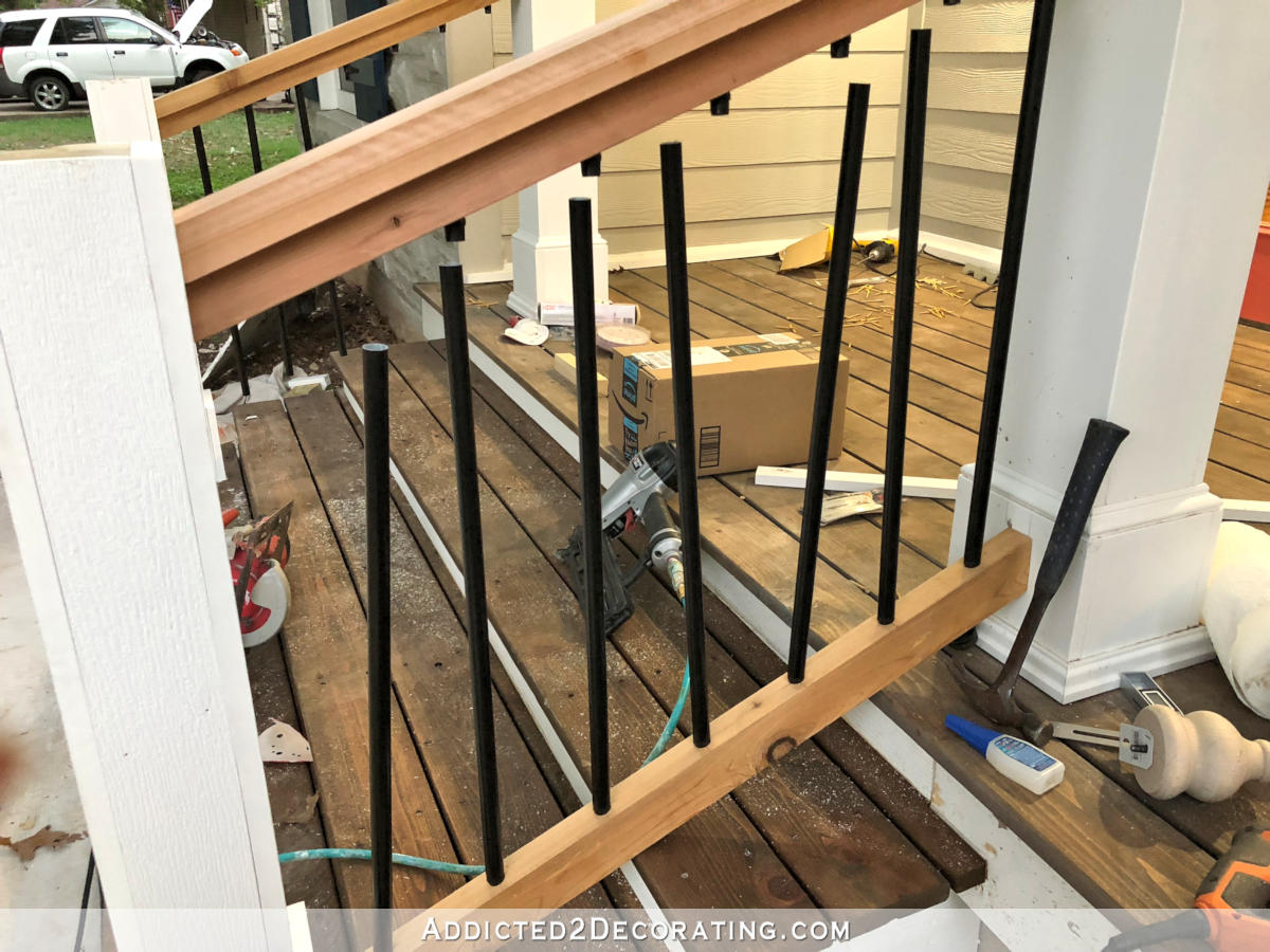 Attaching the balusters to the porch step railing frame - first attempt FAIL. :)