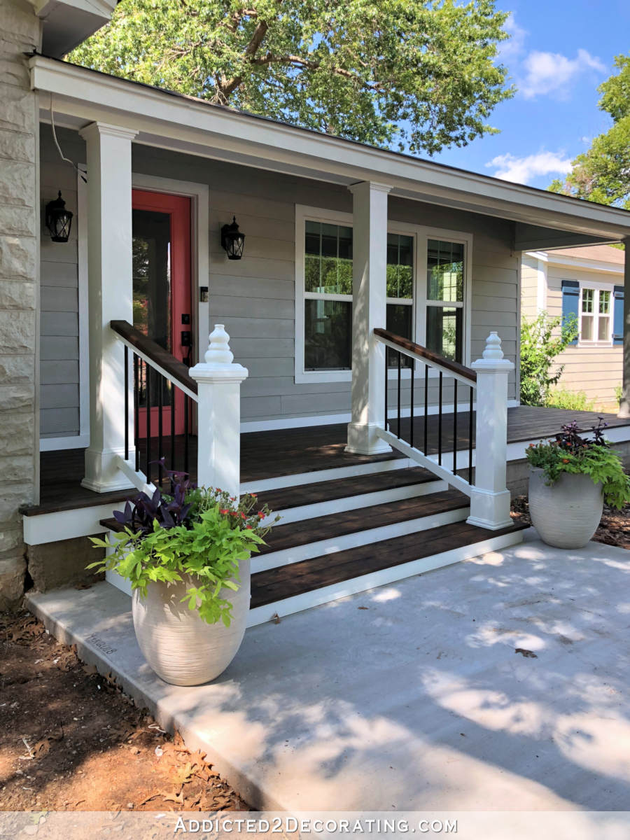 DIY wood porch built to cover a concrete porch -- screw holes filled with DAP Plastic Wood solvent-based wood filler