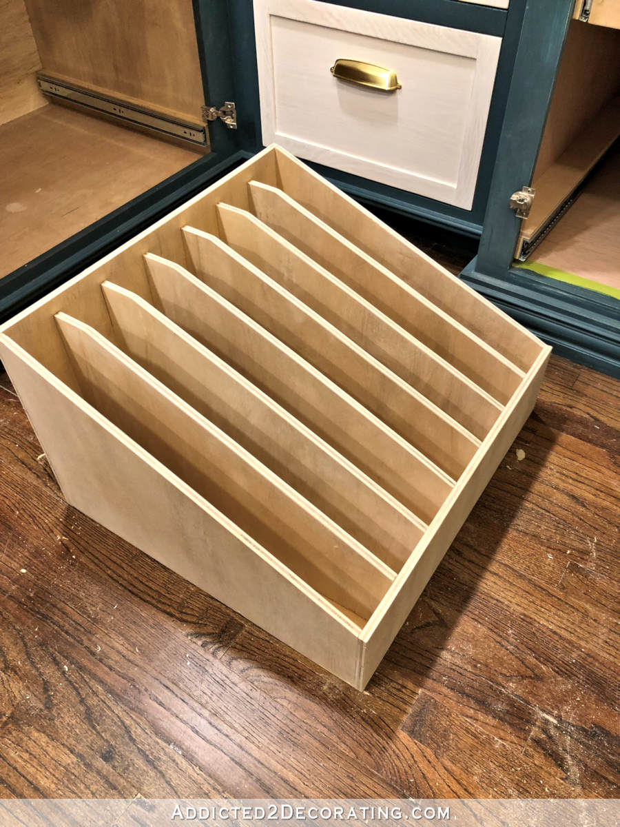 DIY pull-out slotted cookie sheet storage drawer - step 9 - sand the entire thing to finish