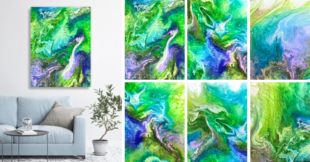 The Spring Collection - a series of eight macro photography prints of resin and alcohol ink artwork in greens, blues and purples