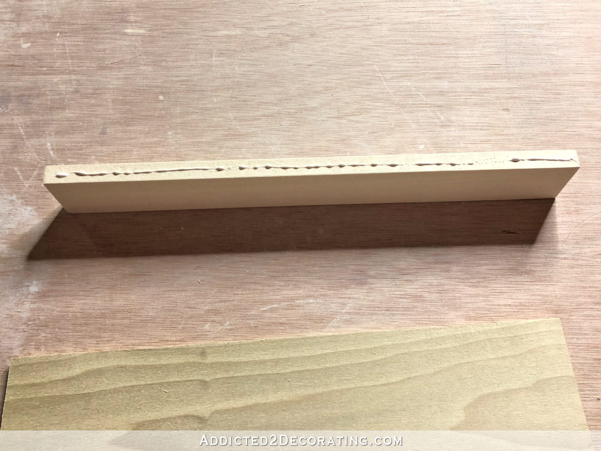 How to make a DIY tiered spice drawer insert - step 2 - attach pieces using wood glue and brad nails