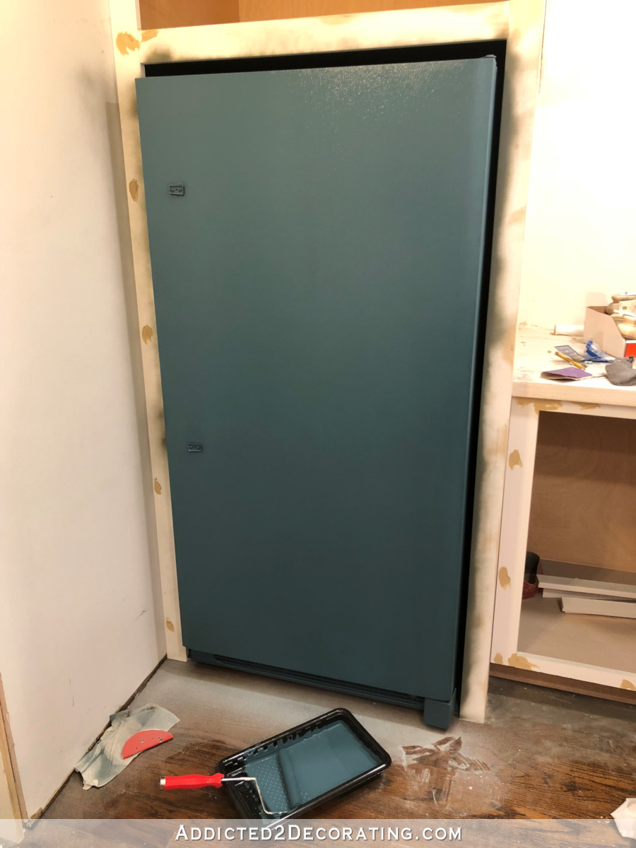 How to paint a refrigerator - my upright freezer after sanding, priming and painting.