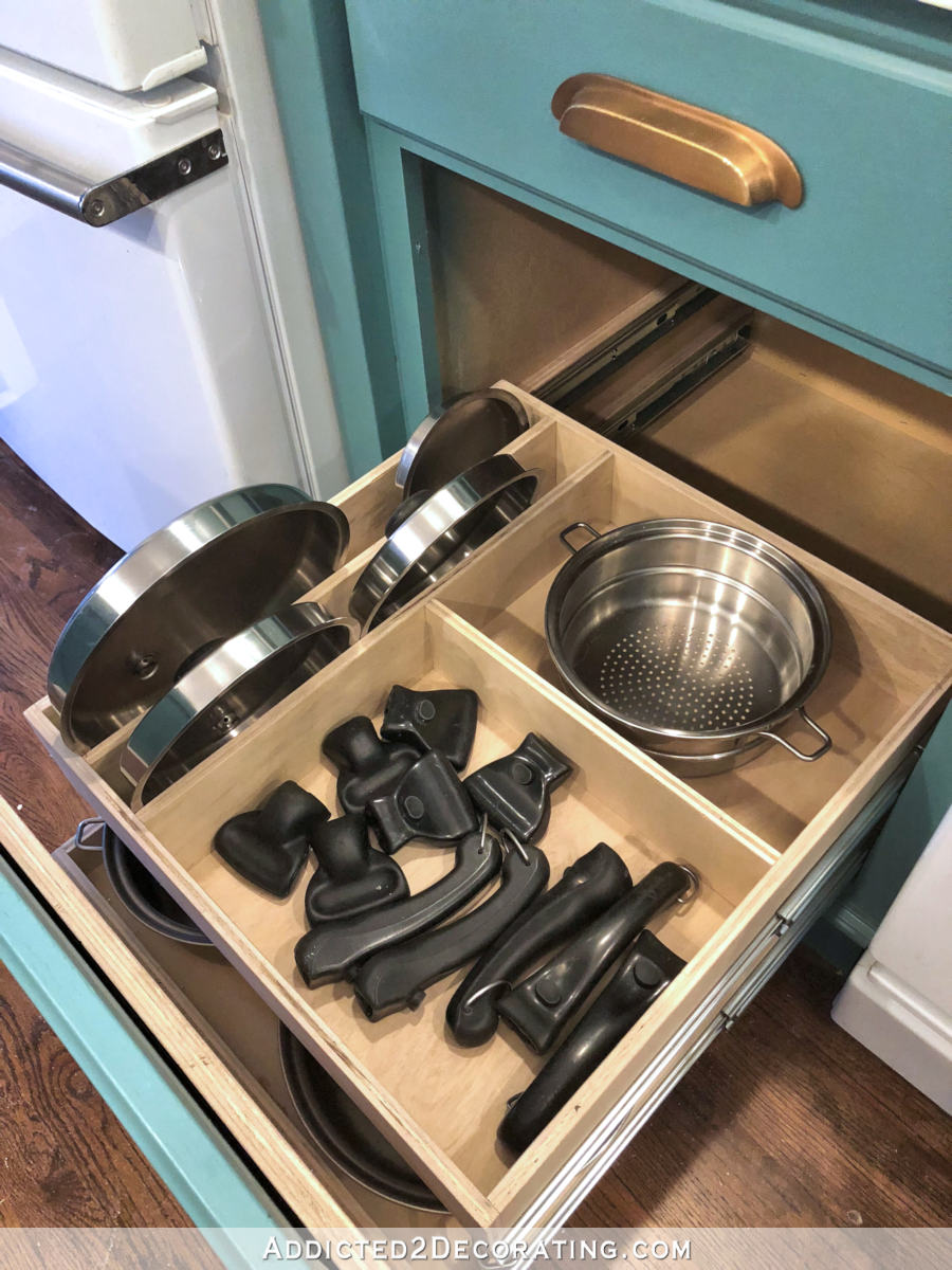 DIY pull out shelf organization for pot and pan lids