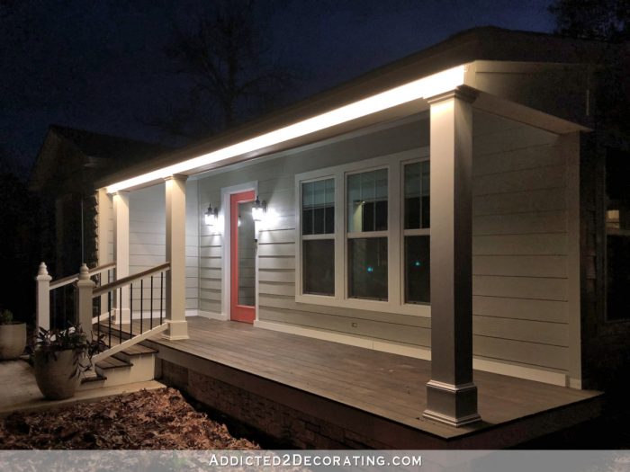 installing LED tape lights around front porch roof - lights installed and turned on at night