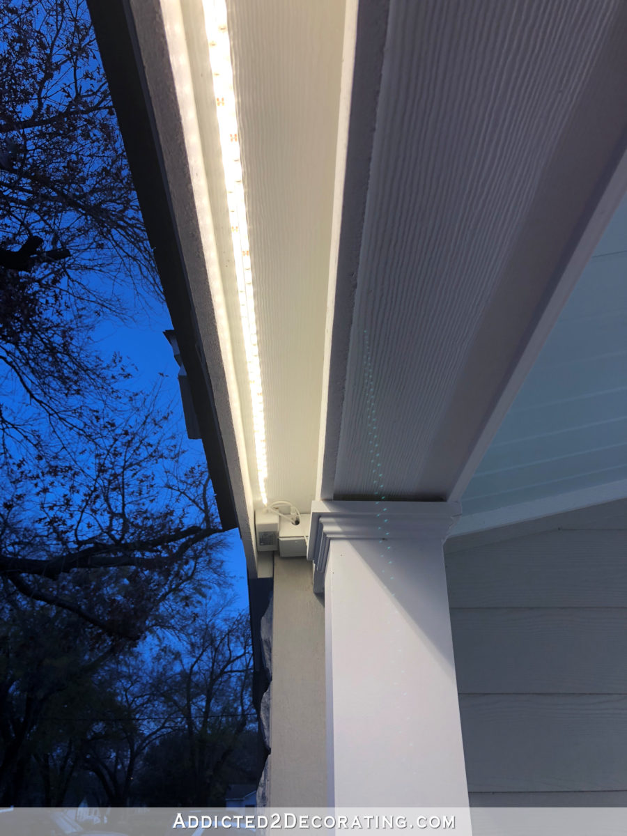 LED tape lights outdoors - installed just behind the fascia board on the roof of the front porch