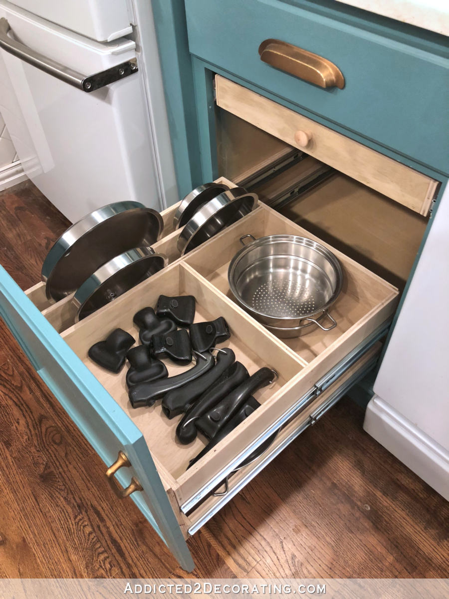 how to build organized and customized pul-out shelf for cookware - middle shelf for lids, handles and steamer insert