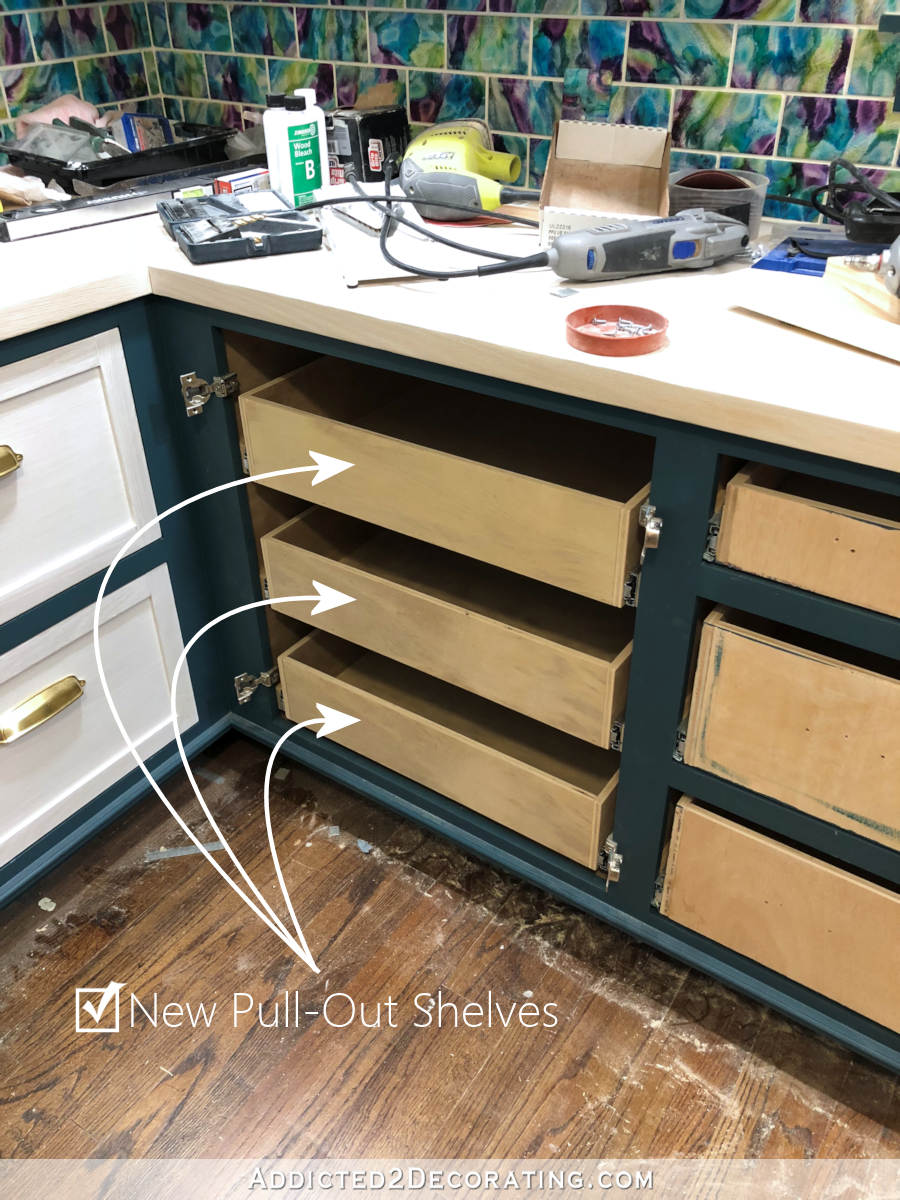 Walk-in pantry remodel progress - cabinet with three deep pull-out shelves with full-extension drawer slides