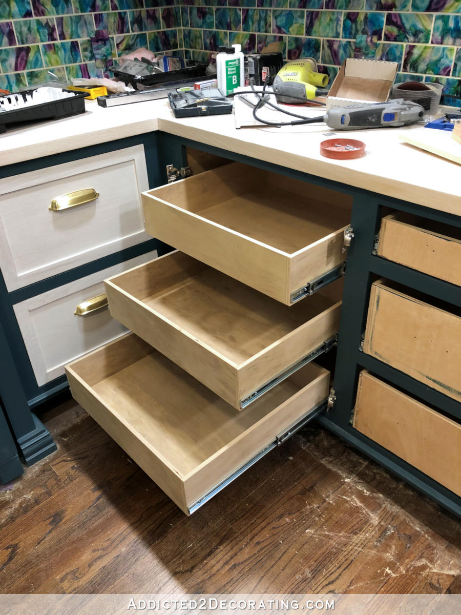 Walk-in pantry remodel progress - cabinet with three deep pull-out shelves with full-extension drawer slides