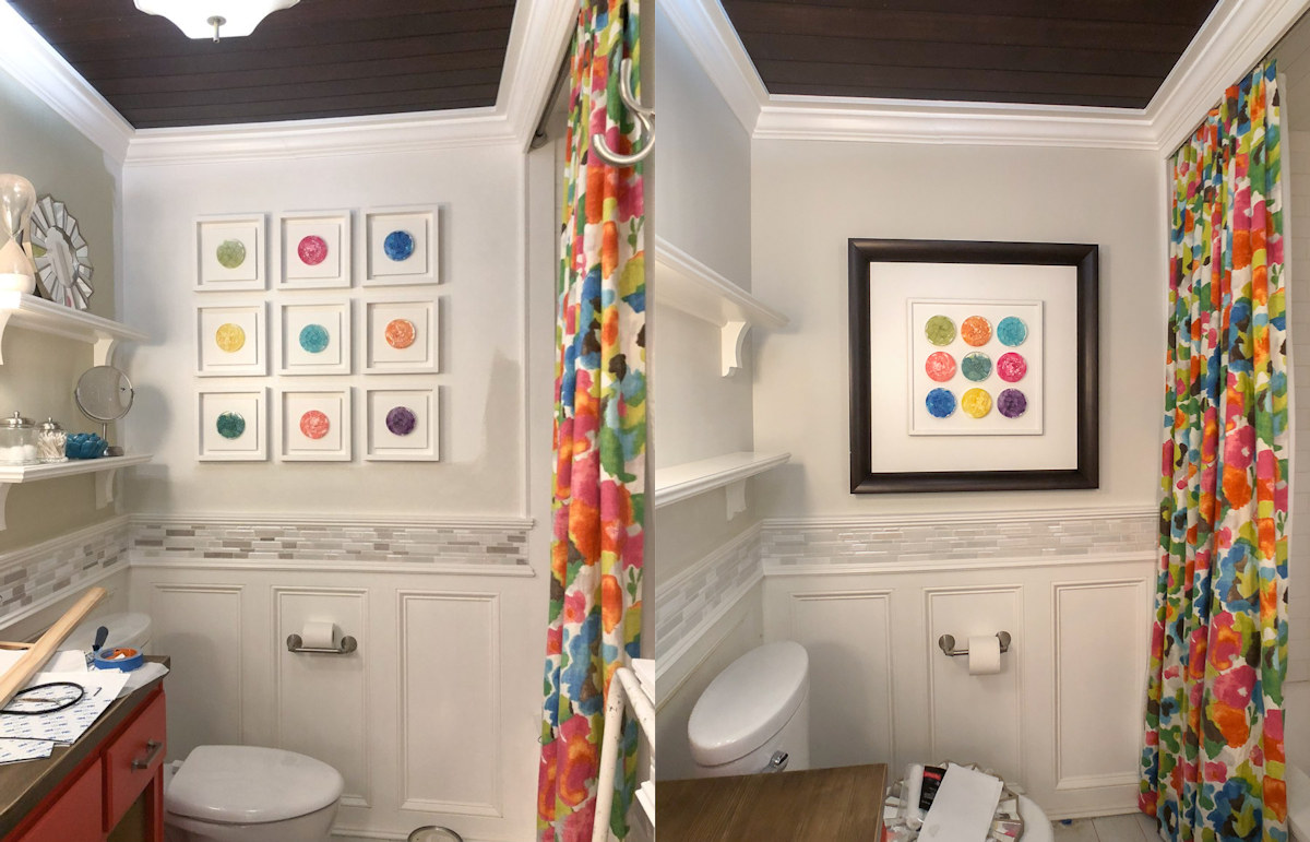 painted tile in bathroom - before and after