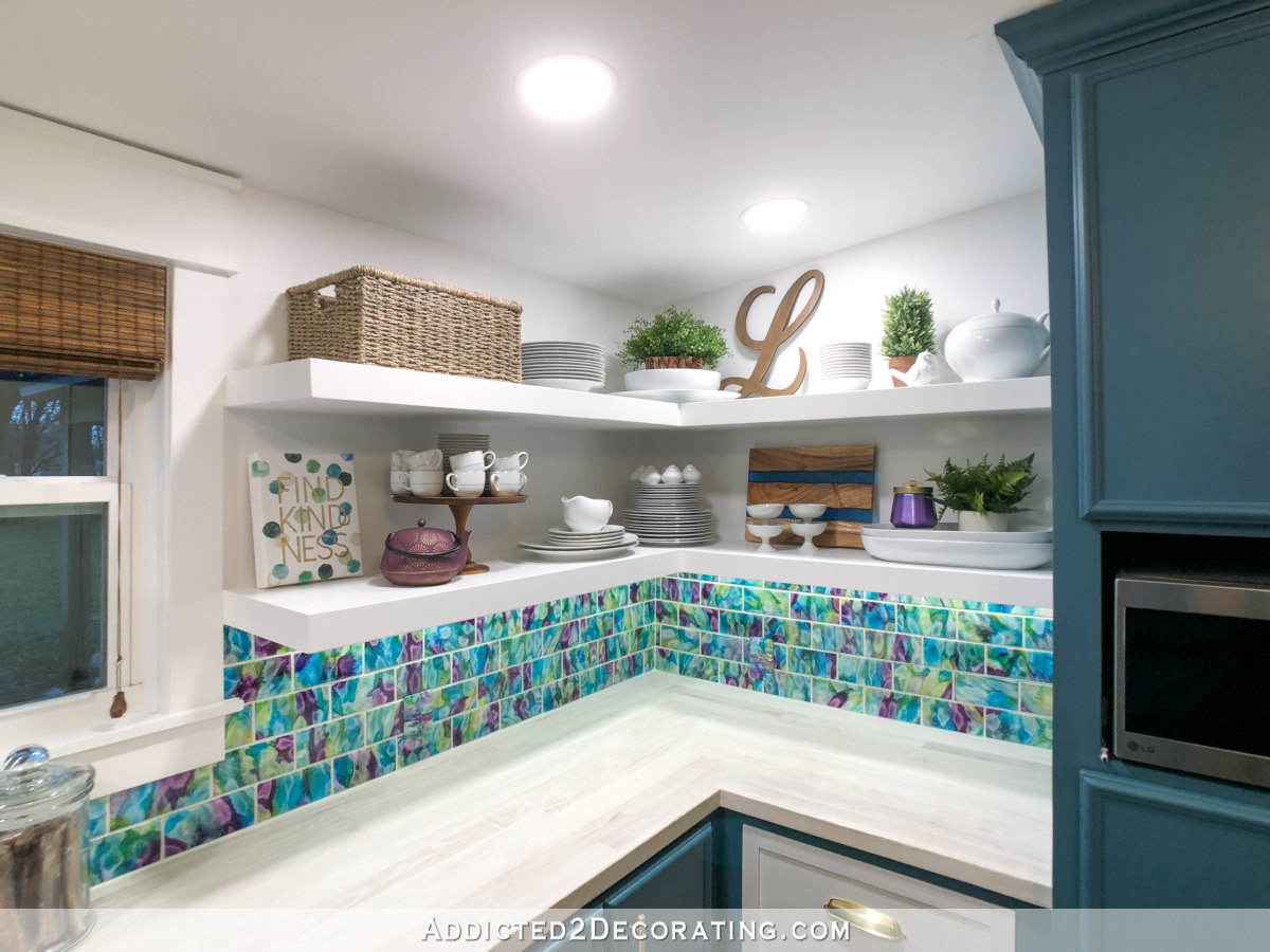 butlers pantry design - colorful handmade resin and alcohol ink tiles with white floating corner shelves