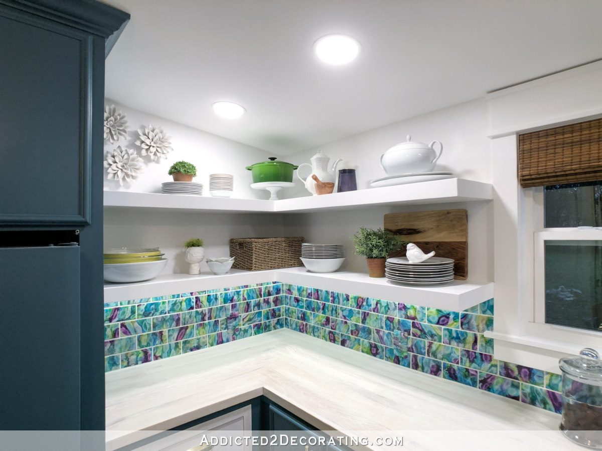 white floating corner shelves in butlers pantry design