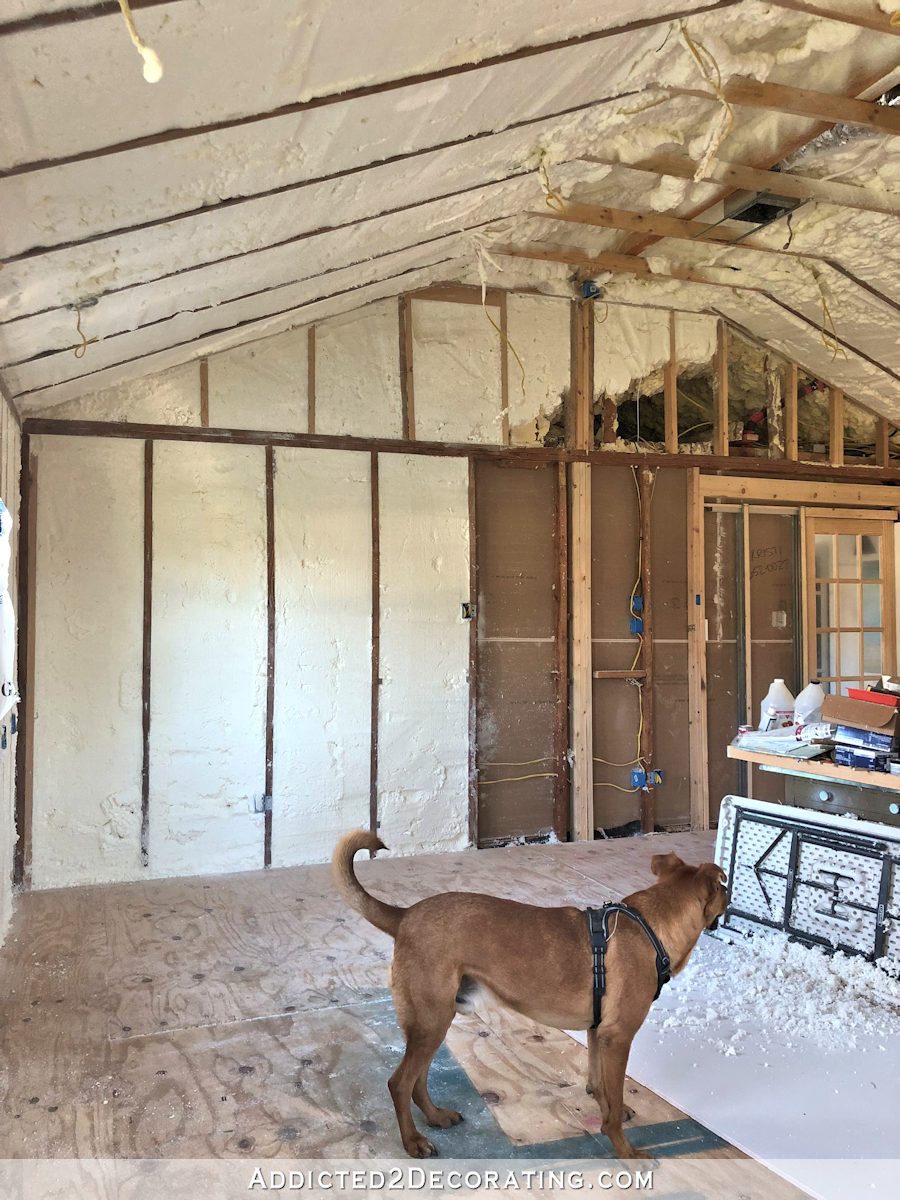 breakfast room side of the studio with spray foam insulation in walls and vaulted ceiling