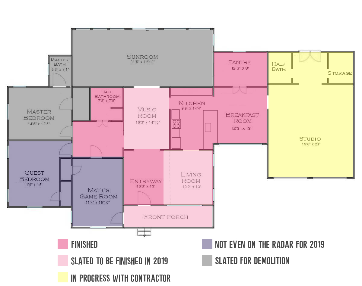 A Color-Coded House Map — What’s Done, What’s In Progress, What’s Left To Do, and What Will Be Demolished