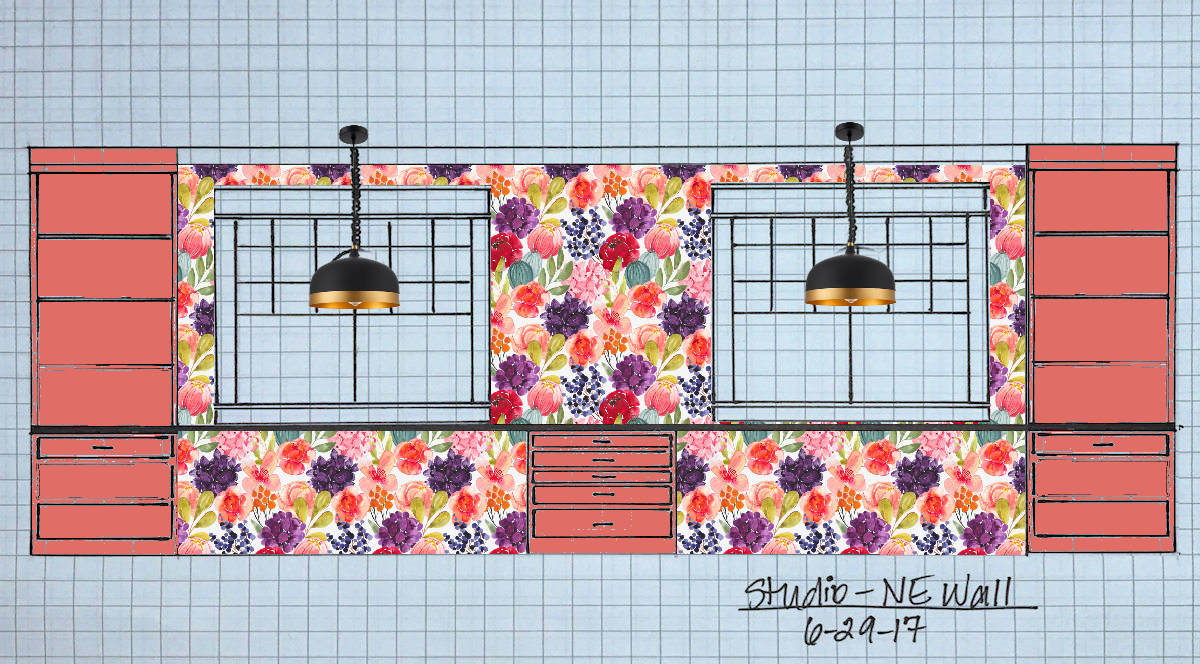 studio front wall with floral wallpaper coral cabinets and black and gold pendant lights - 2