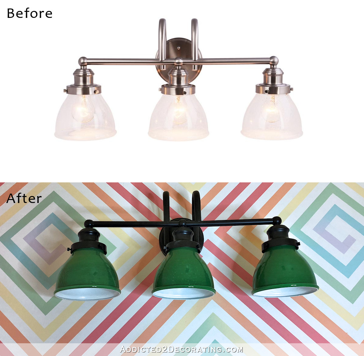 Bathroom vanity light makeover - from chrome with clear glass to black with green glass