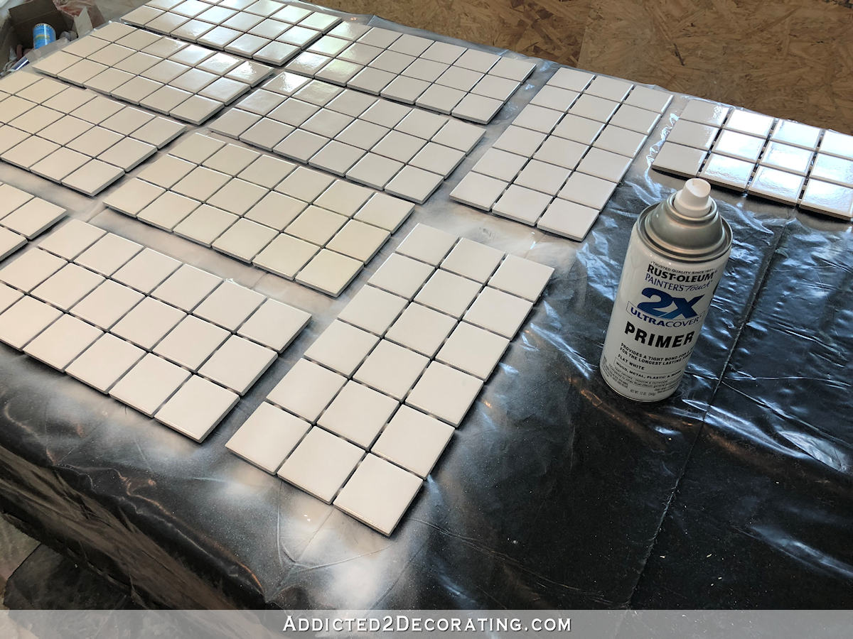 DIY custom color wall tiles - step 1 - use spray primer on the tiles