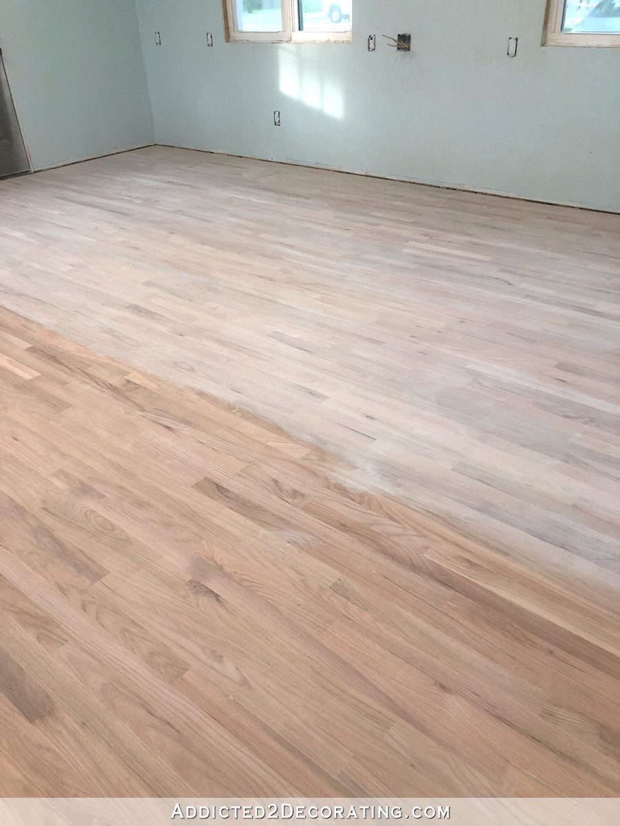 Studio red oak hardwood flooring during whitewash process