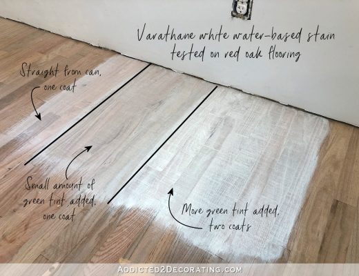 testing whitewash colors on red oak hardwood flooring - how to eliminate pink undertones - Varathane white stain