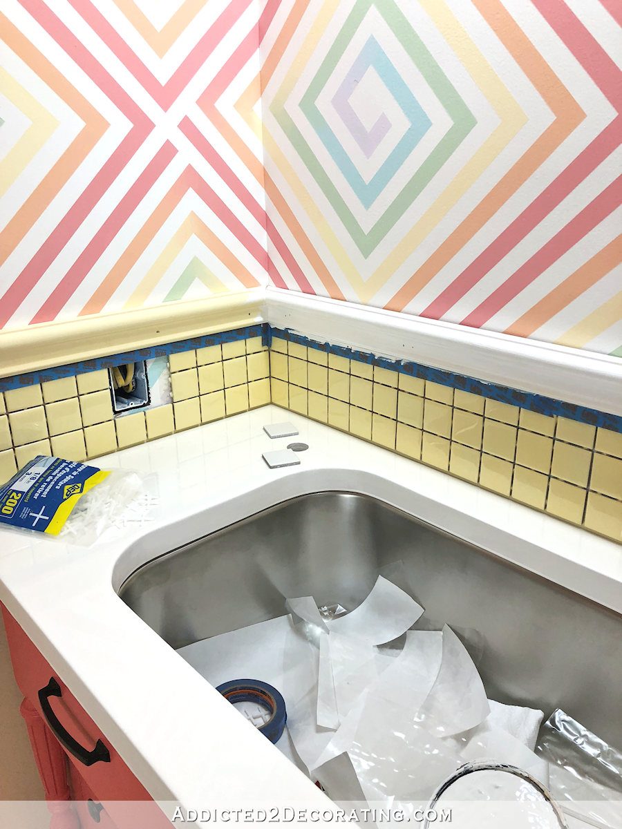 yellow bathroom tile with white trim vs yellow trim