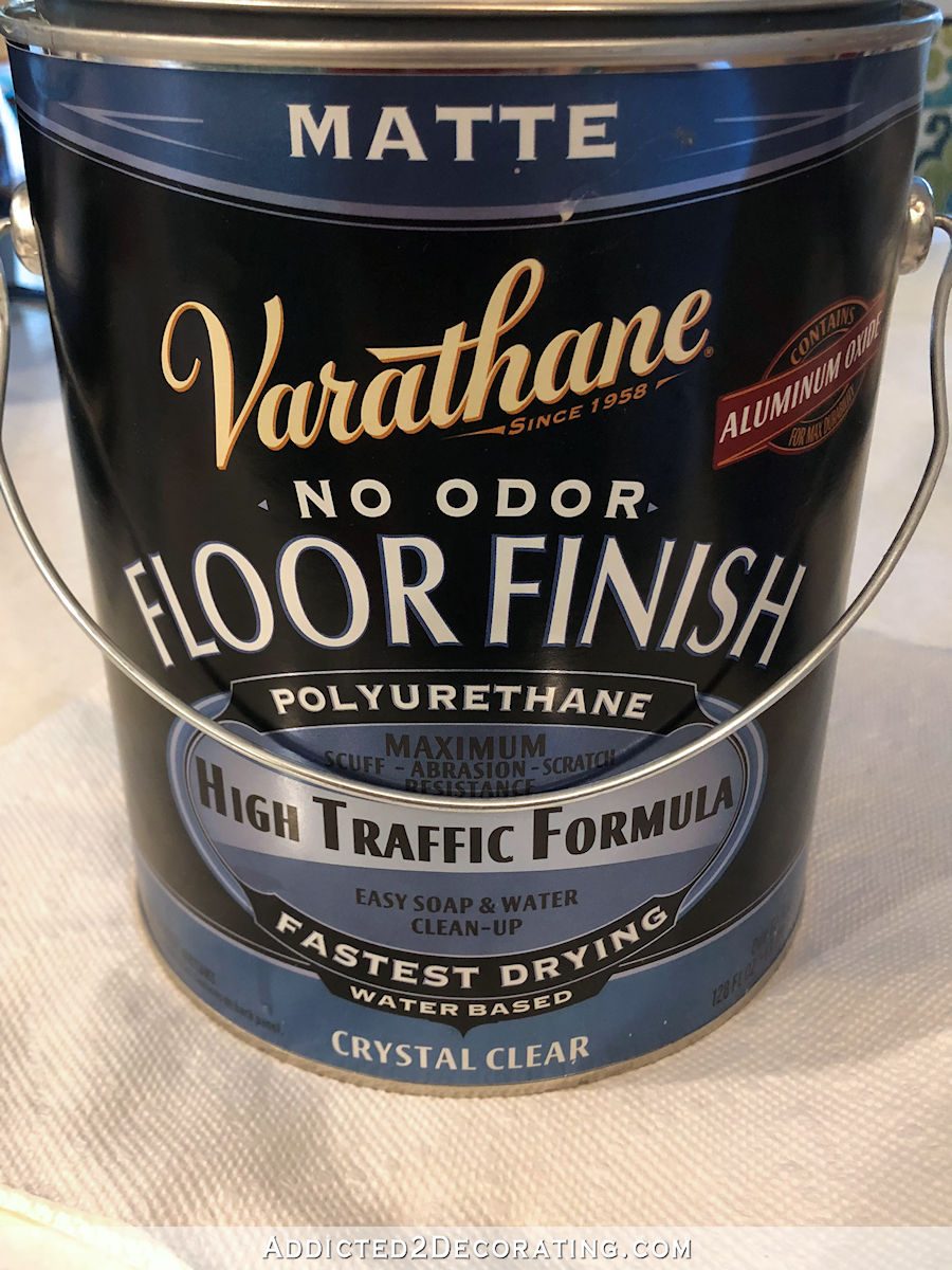 Varathane floor finish in matte mixed with white universal tint to whitewash red oak hardwood floor