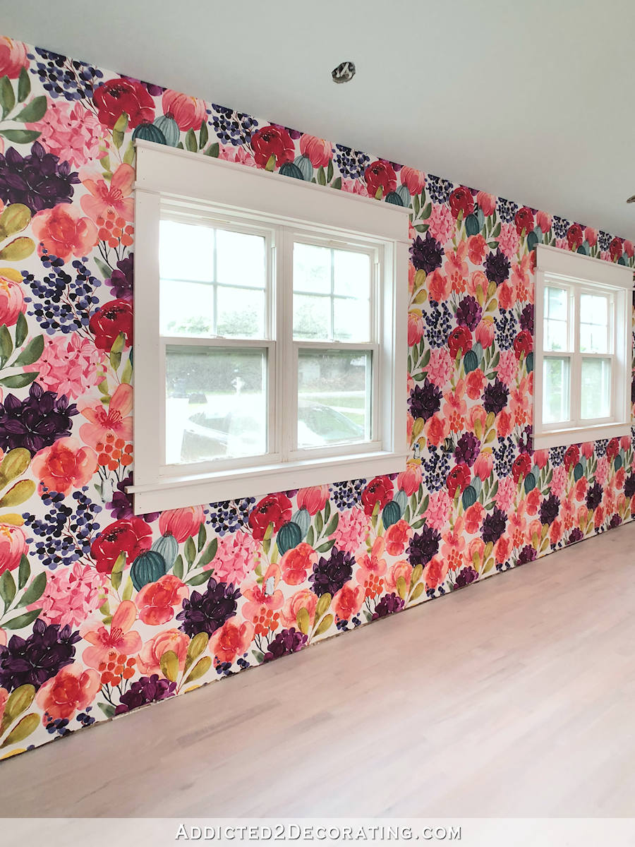 Bold watercolor floral wallpaper from Spoonflower in my studio