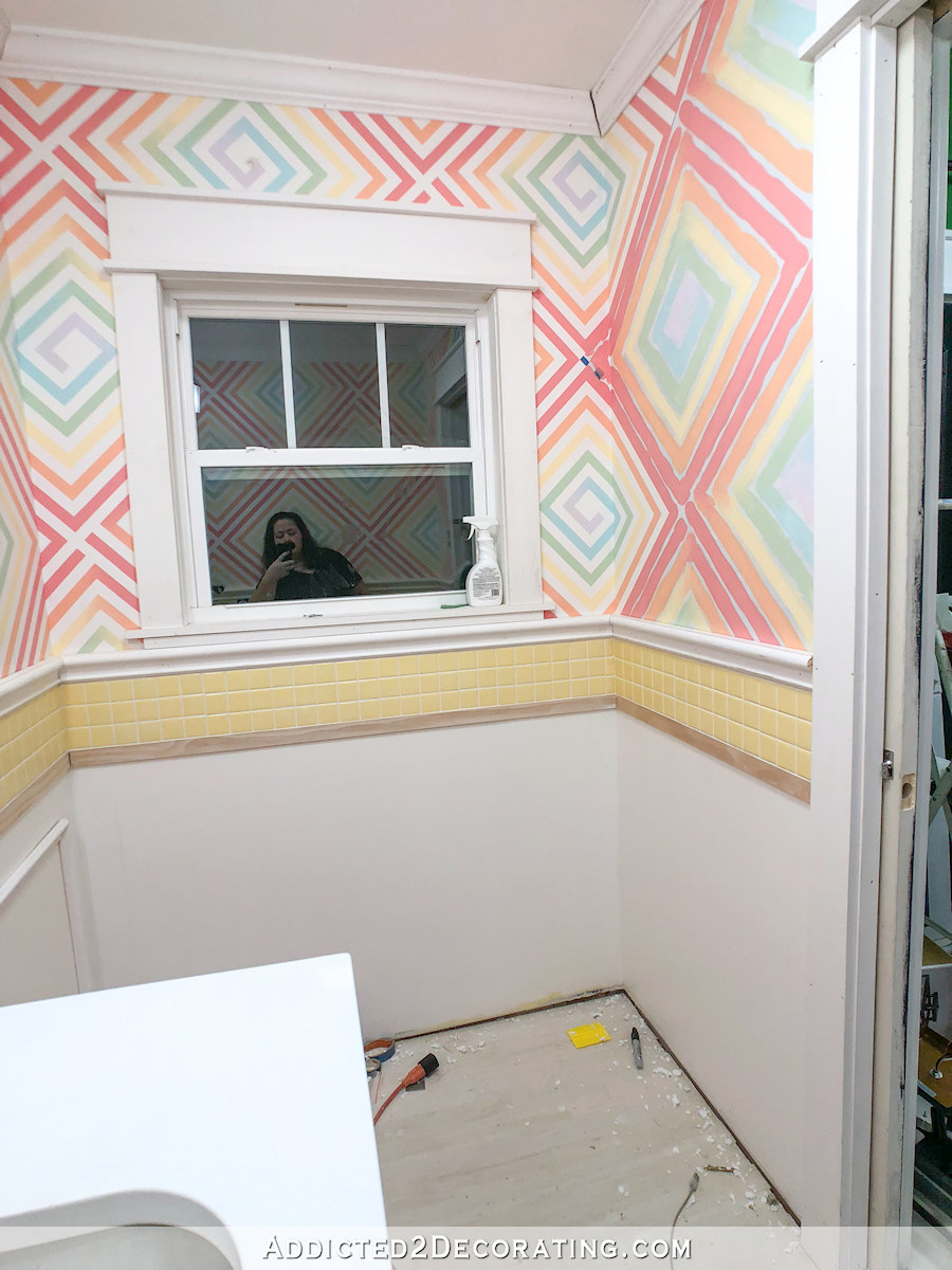 half bathroom progress - 9-27-19 - tile wainscoting border installed and grouted - 4