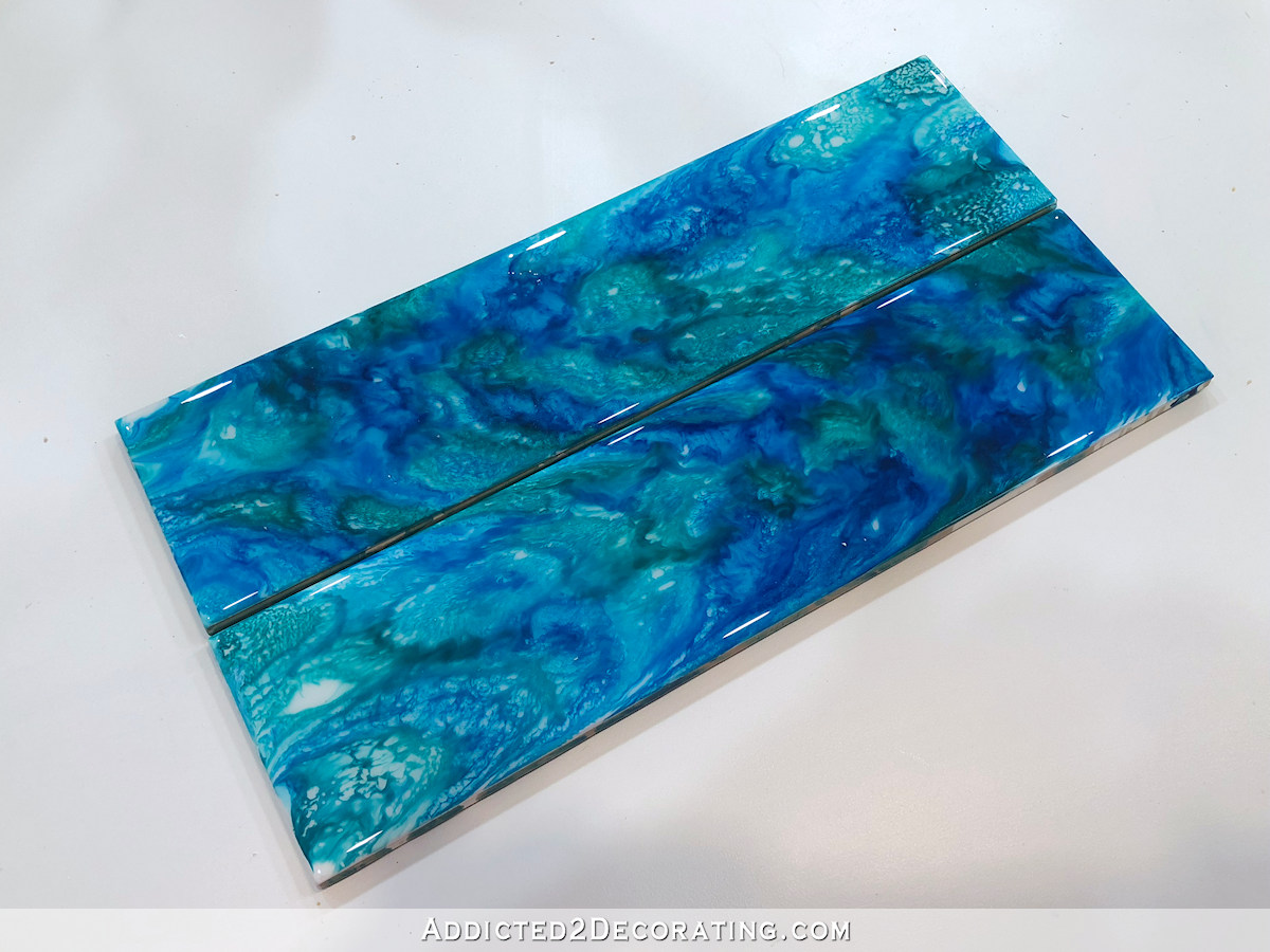 resin tile test 1 - blue alcohol ink dropped onto clear resin topped with white