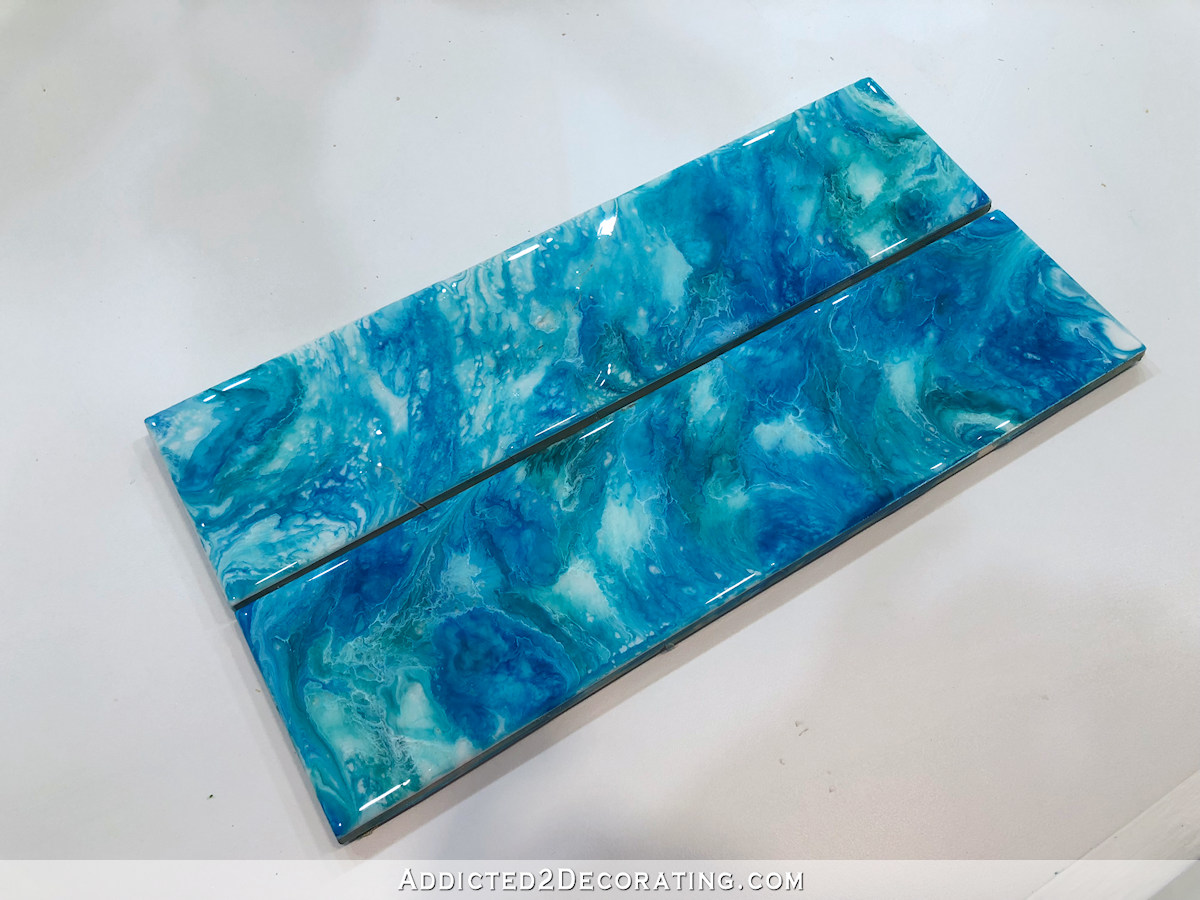 resin tile test 3 - alcohol inks dropped into clear resin and marbled together with heat gun