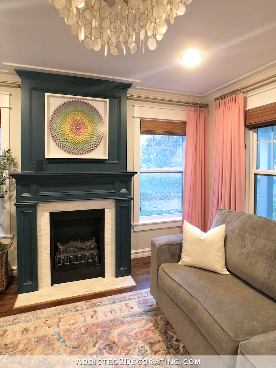 living room with pink draperies