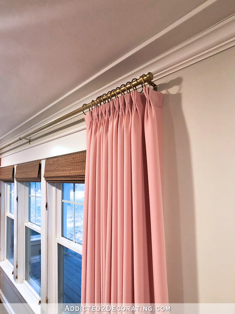 living room with pink draperies