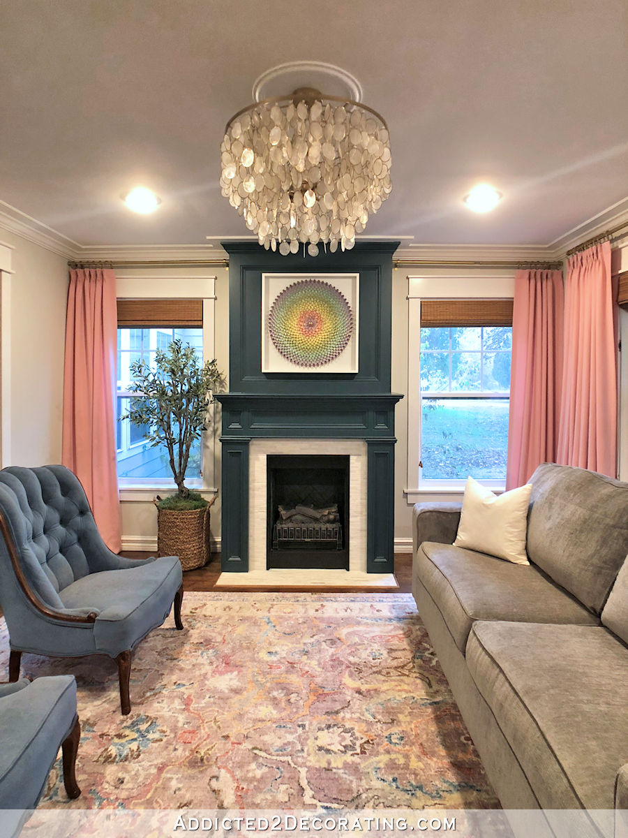 living room with pink draperies