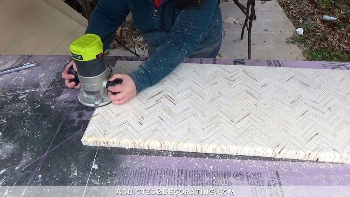 How to build an edge grain plywood herringbone coffee table - step 10 - route the edges with half inch radius roundover bit