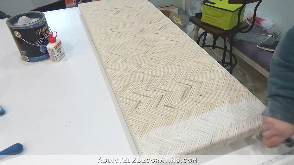 How to build an edge grain plywood herringbone coffee table - step 14 - use white tinted polyurethane to tone down yellow of plywood