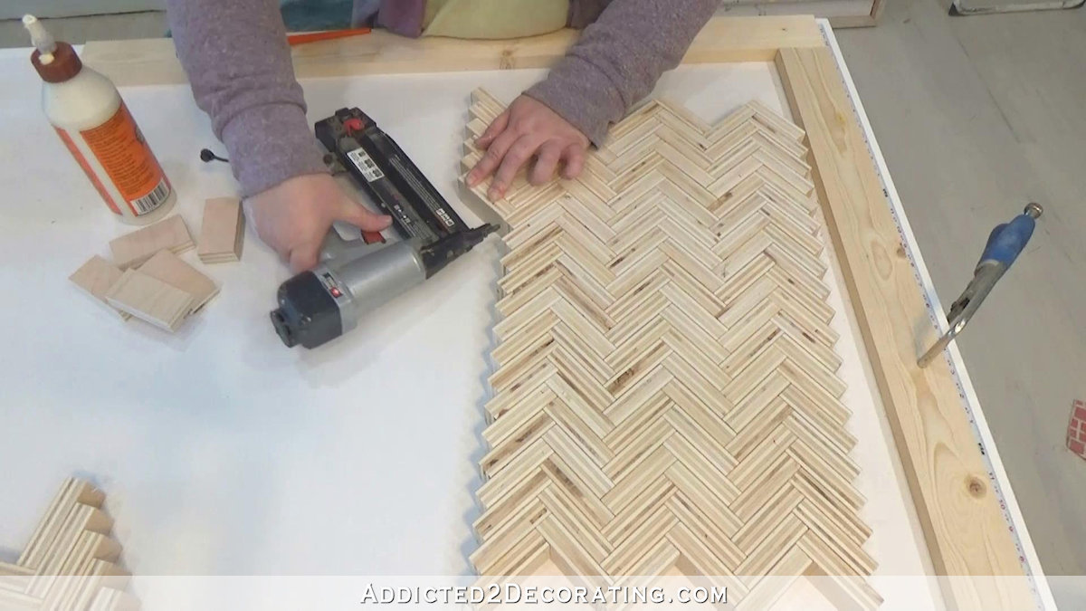 How to build an edge grain plywood herringbone coffee table - step 6 - nail the rows together as well as the pieces together in the same row