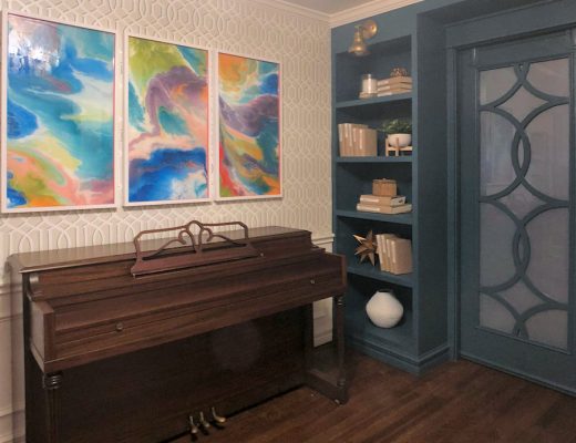 music room with teal bookcases - 4
