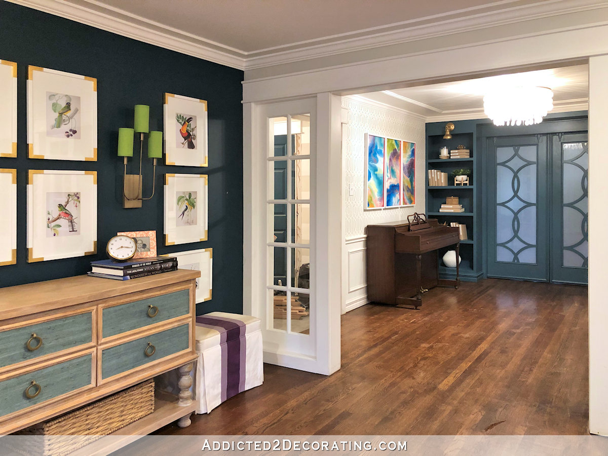 music room with teal bookcases - 8