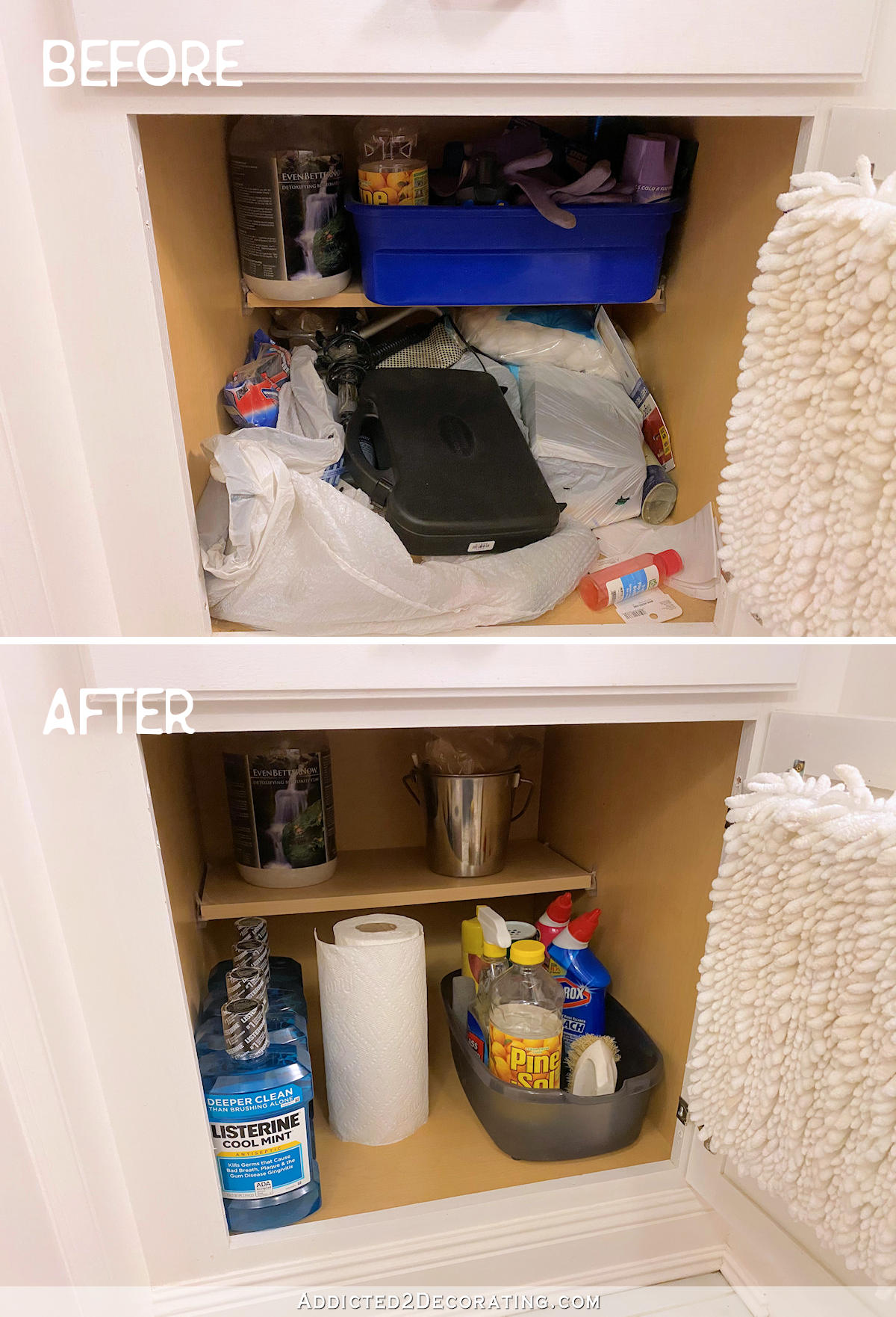 before and after - bathroom organization - cabinet