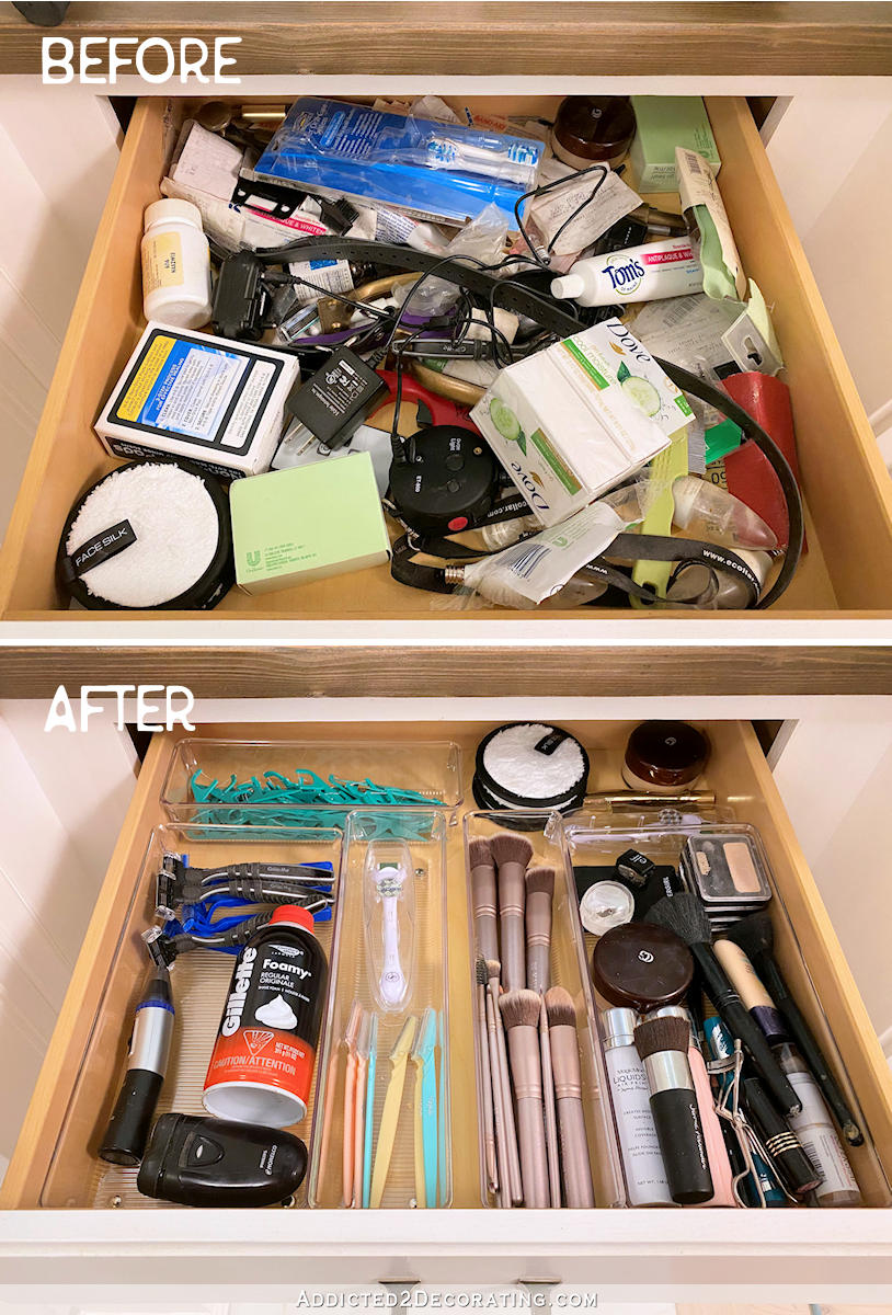 before and after - bathroom organization - drawer