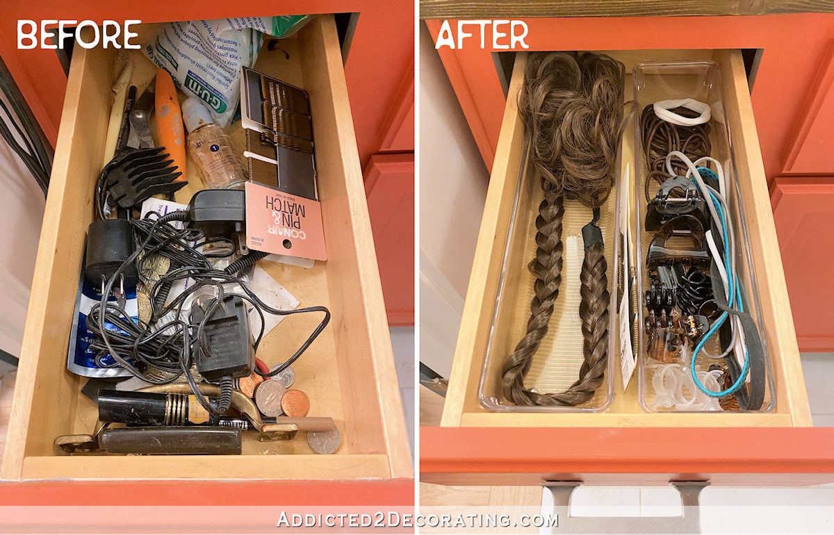 before and after - bathroom vanity organization - top left drawer