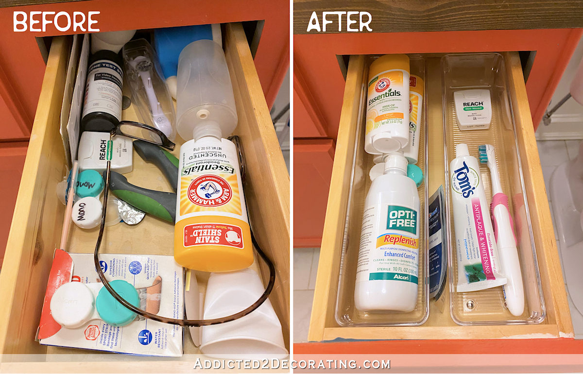 before and after - bathroom vanity organization - top right drawer