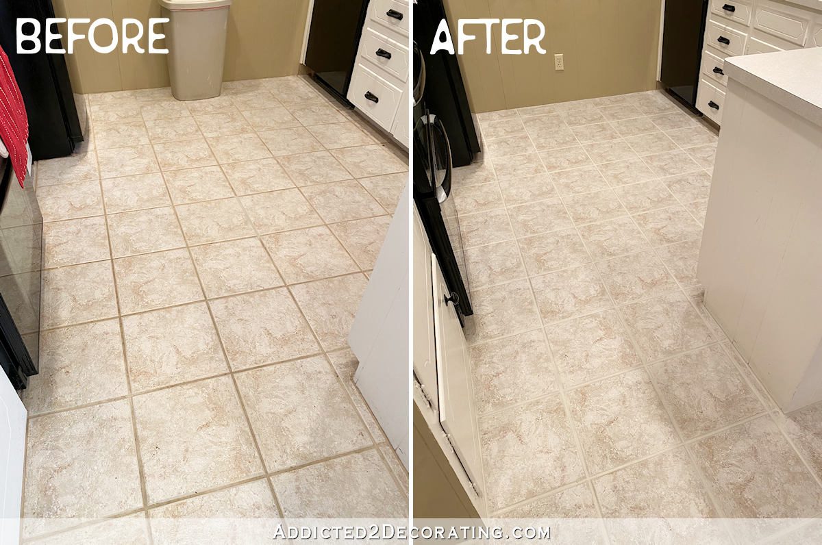 mom's kitchen floor - tile grout before and after Grout Renew