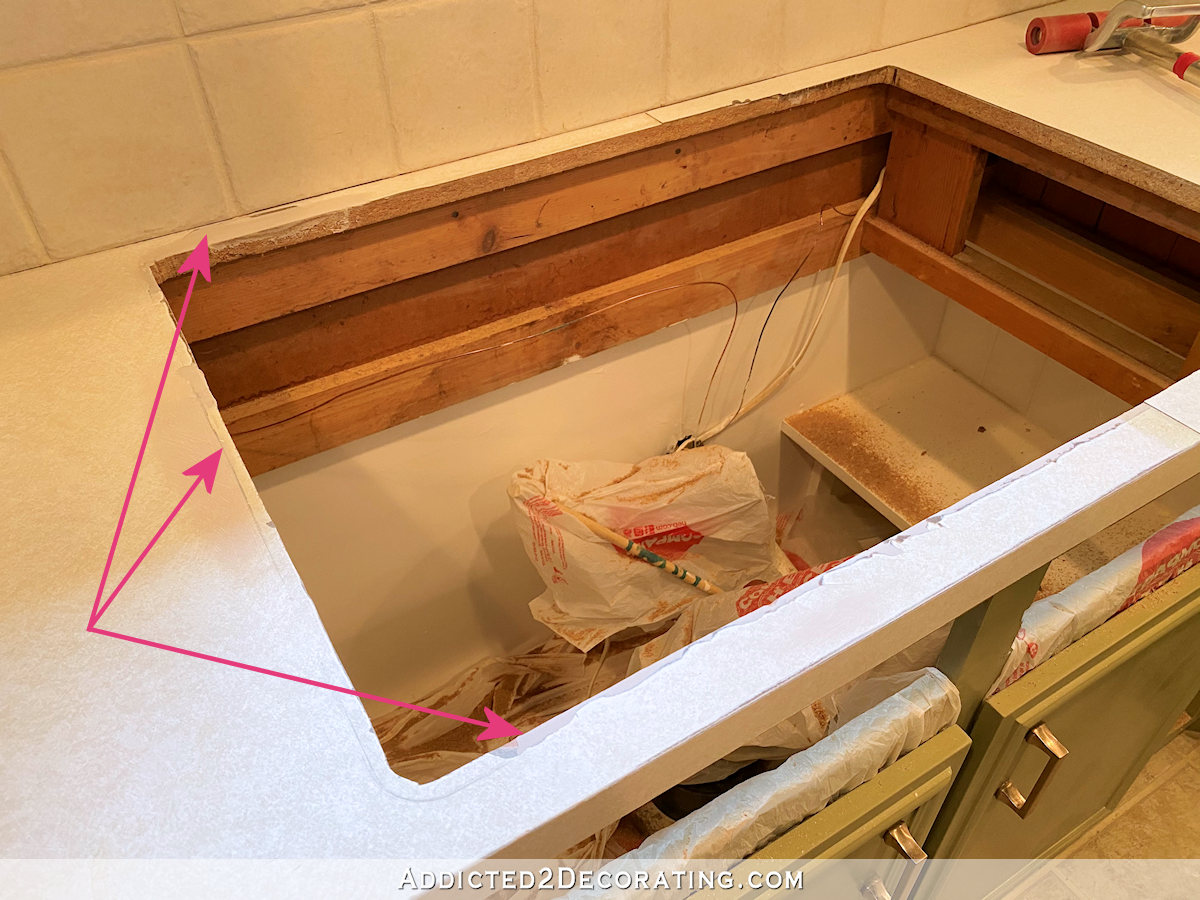 diy countertop - installing new laiminate over old - use bondo on any broken areas