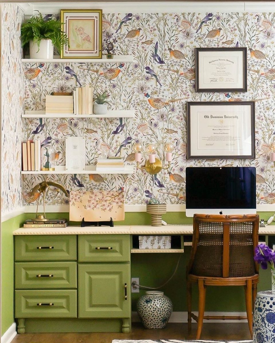 open shelves on wallpapered wall from Up To Date Interiors