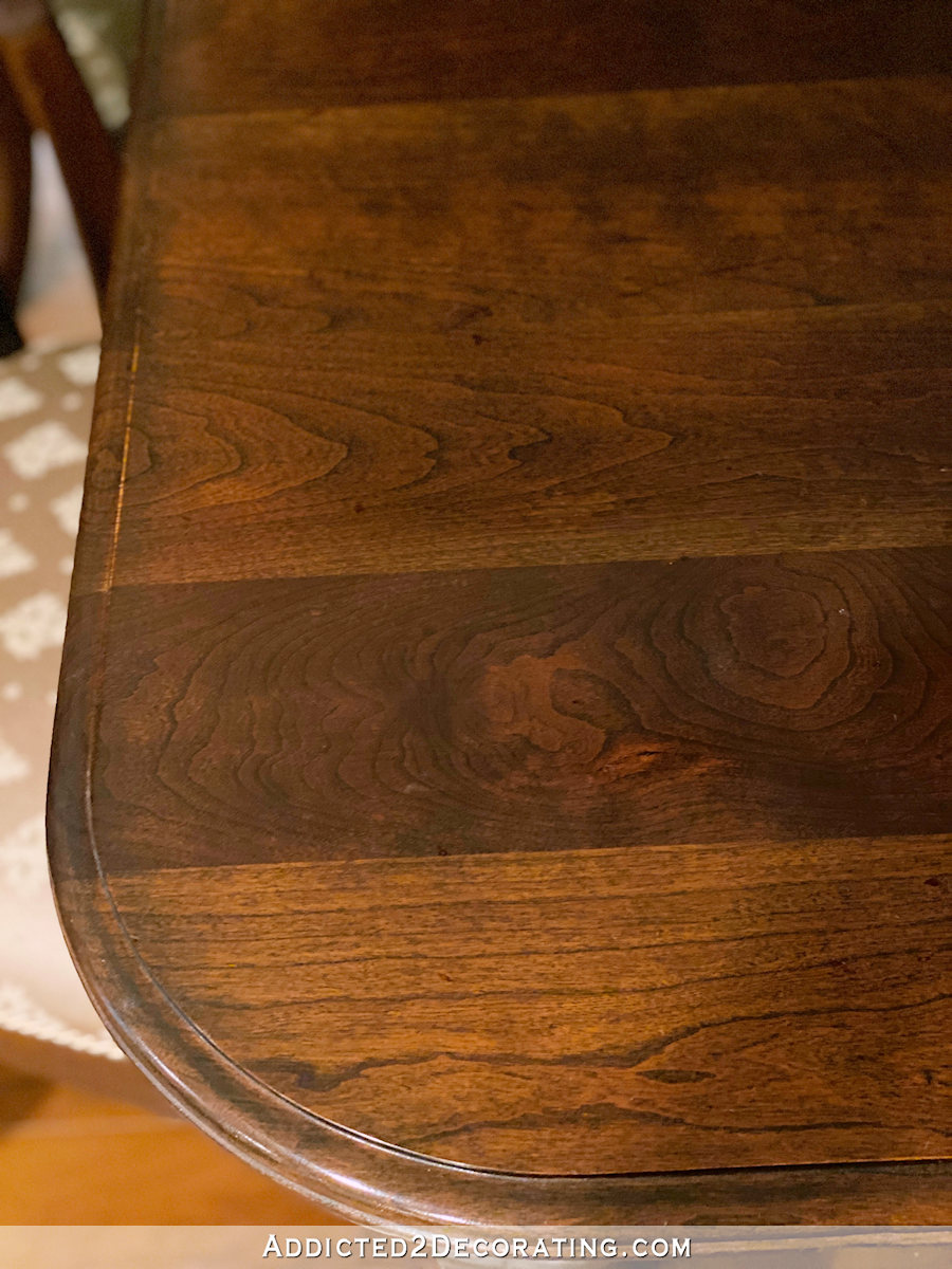 mom's dining table after - removing scratches and chips in wood finish with mayonnaise