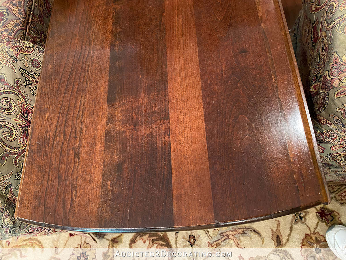 side table after removing scratches and dings in finish with mayonnaise 