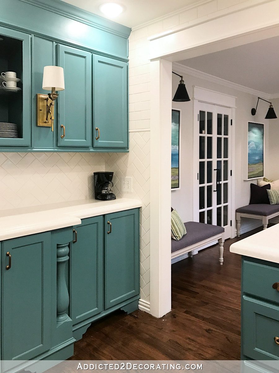 teal kitchen - add trim to customize - wall of cabinets