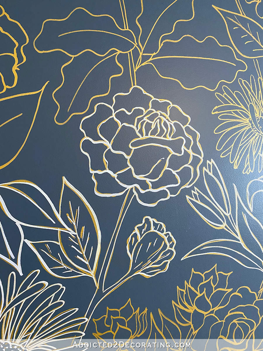 floral line drawing wall mural - 5 - close up of white over gold