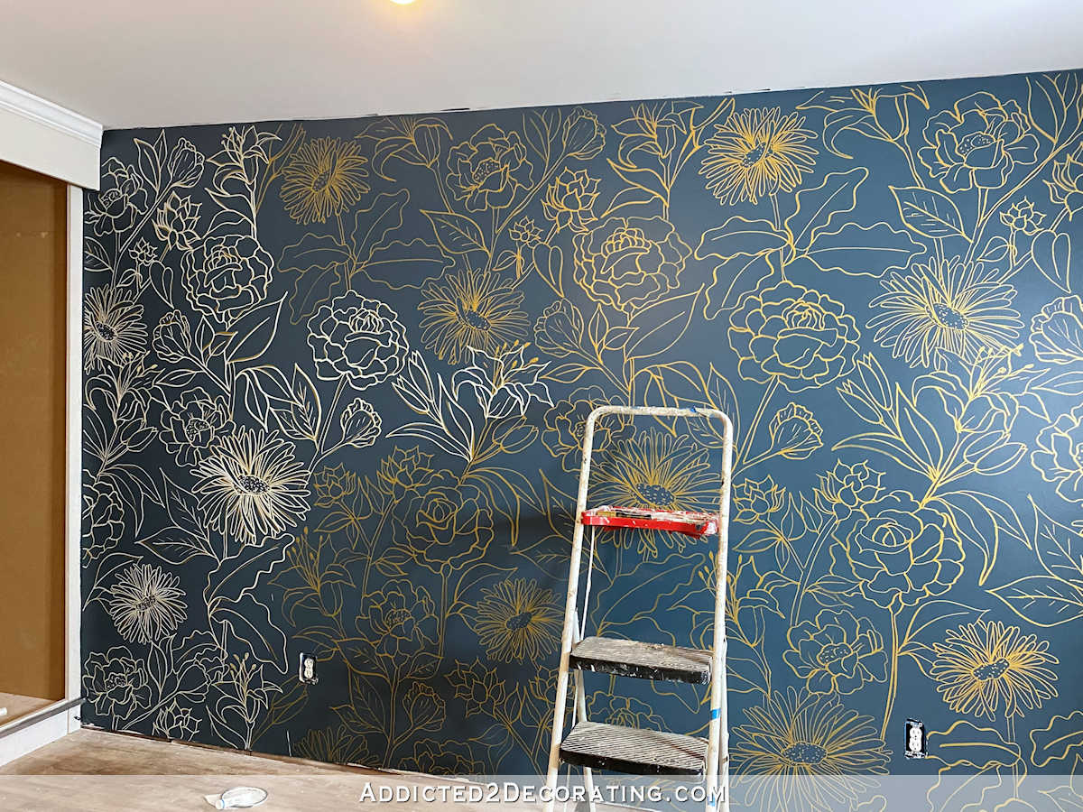 floral line drawing wall mural - 6 - progress of white acrylic pant pen over gold