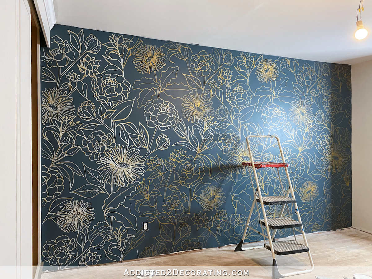 floral line drawing wall mural - 7 - progress of white acrylic pant pen over gold